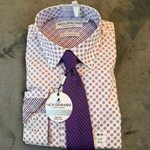 Nick Graham Modern Fit Stretch Shirt Tie Set Purple Gingham Pattern Mens Medium